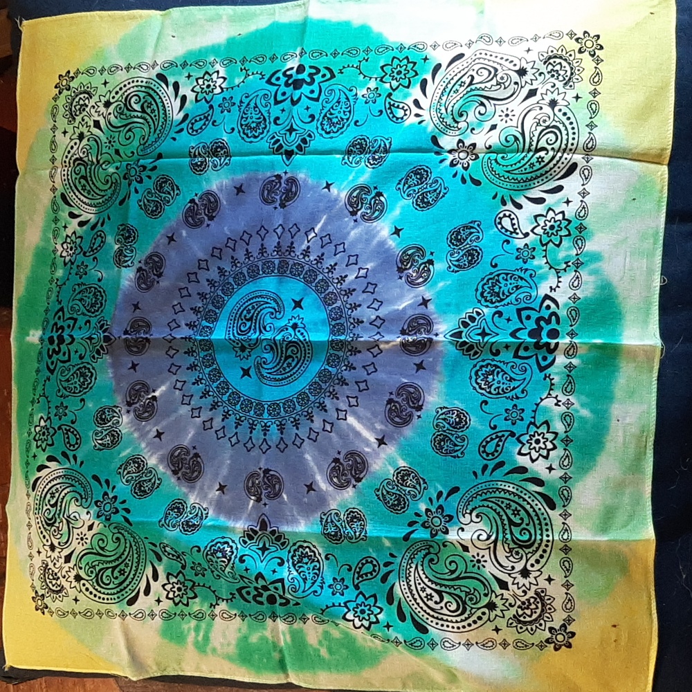 Hand Dyed paisley bandana. Multicolored tie dye.